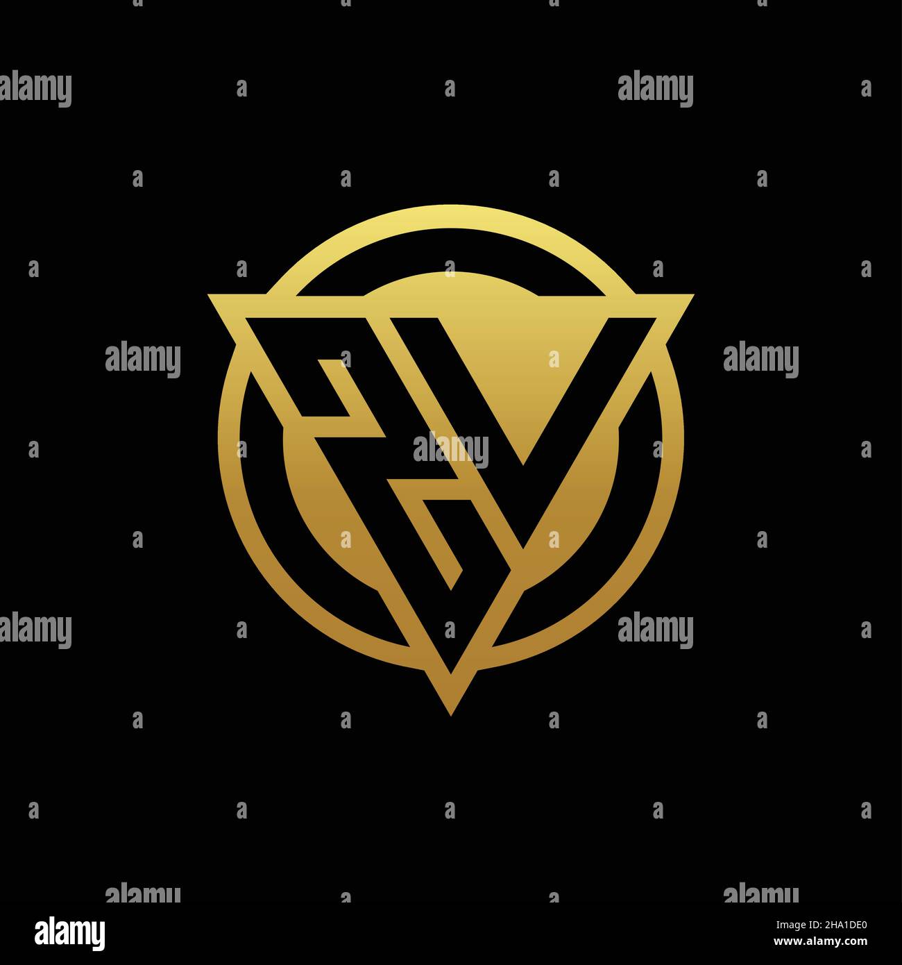 Monogramma con logo ZV a forma di triangolo e cerchio arrotondato isolato sui colori oro e modello con sfondo nero Illustrazione Vettoriale