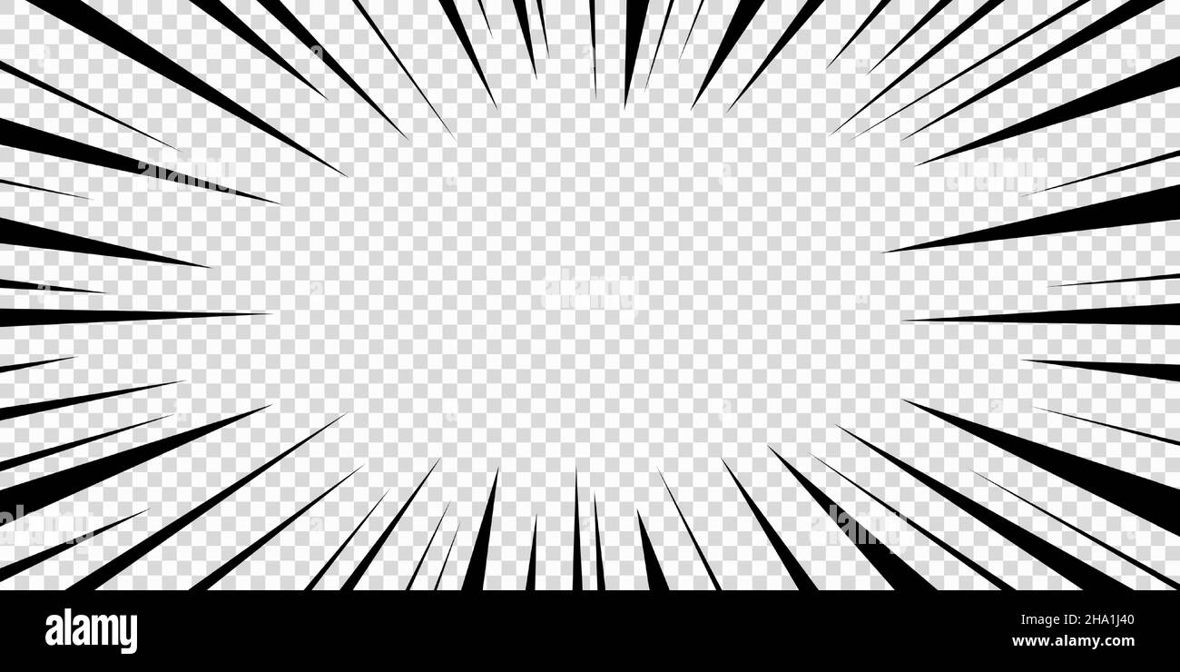 Linee di velocità come effetto fumetto manga su sfondo trasparente. Animazione cartoon sfondo azione. Illustrazione vettoriale dell'effetto di movimento di esplosione o esplosione Illustrazione Vettoriale
