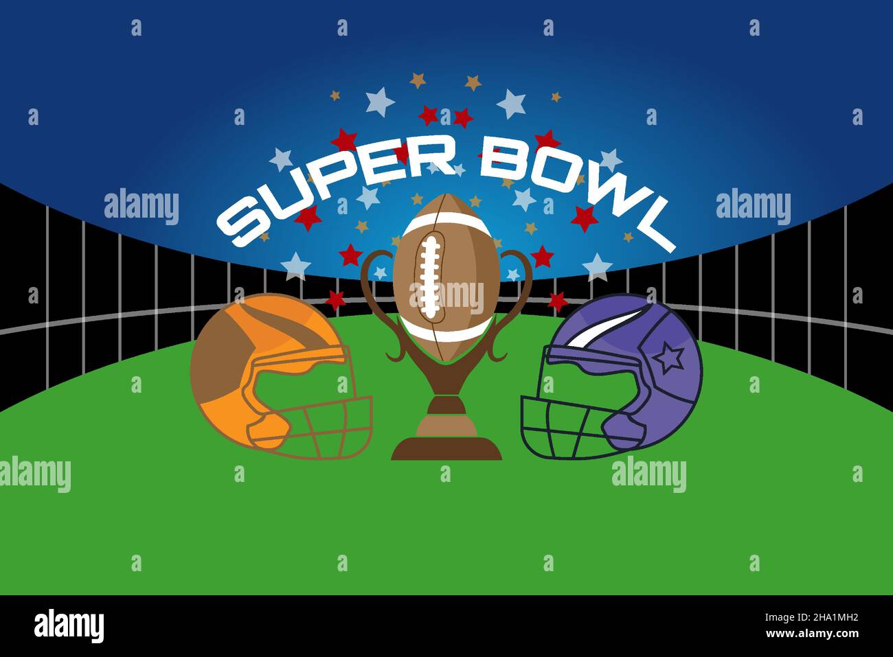 poster super bowl con stadio di calcio, coppa e casco Illustrazione Vettoriale