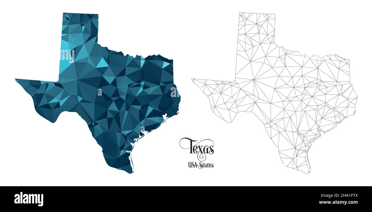 Mappa a basso contenuto di poly dello stato del Texas (USA). Illustrazione vettoriale a forma poligonale su sfondo bianco. Stati dell'America. Illustrazione Vettoriale