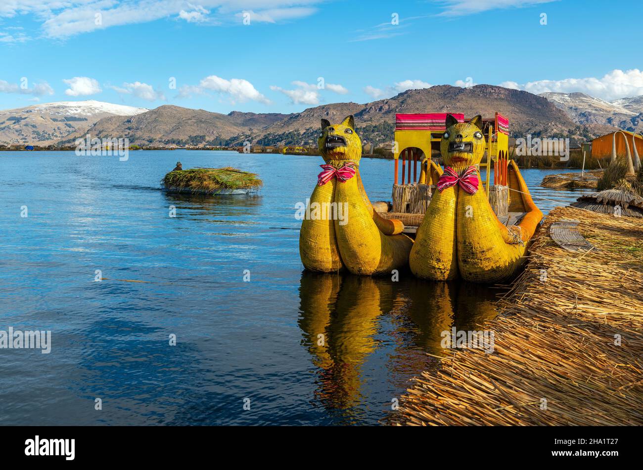 Totora barche a canna dalle isole galleggianti indigene Uros con trasporto di canne, lago Titicaca, Perù. Foto Stock