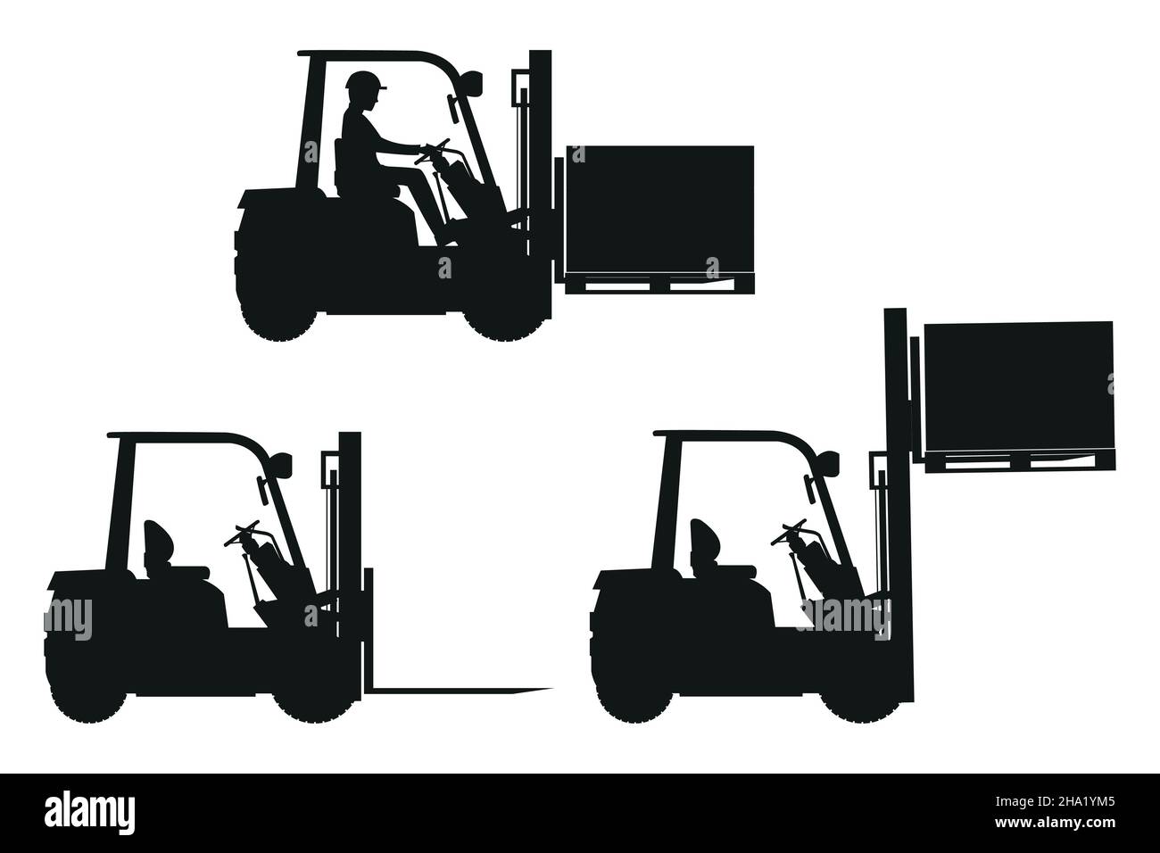 Set di sagome di macchinari pesanti per carrelli elevatori che svolgono diverse funzioni. Illustrazione Vettoriale