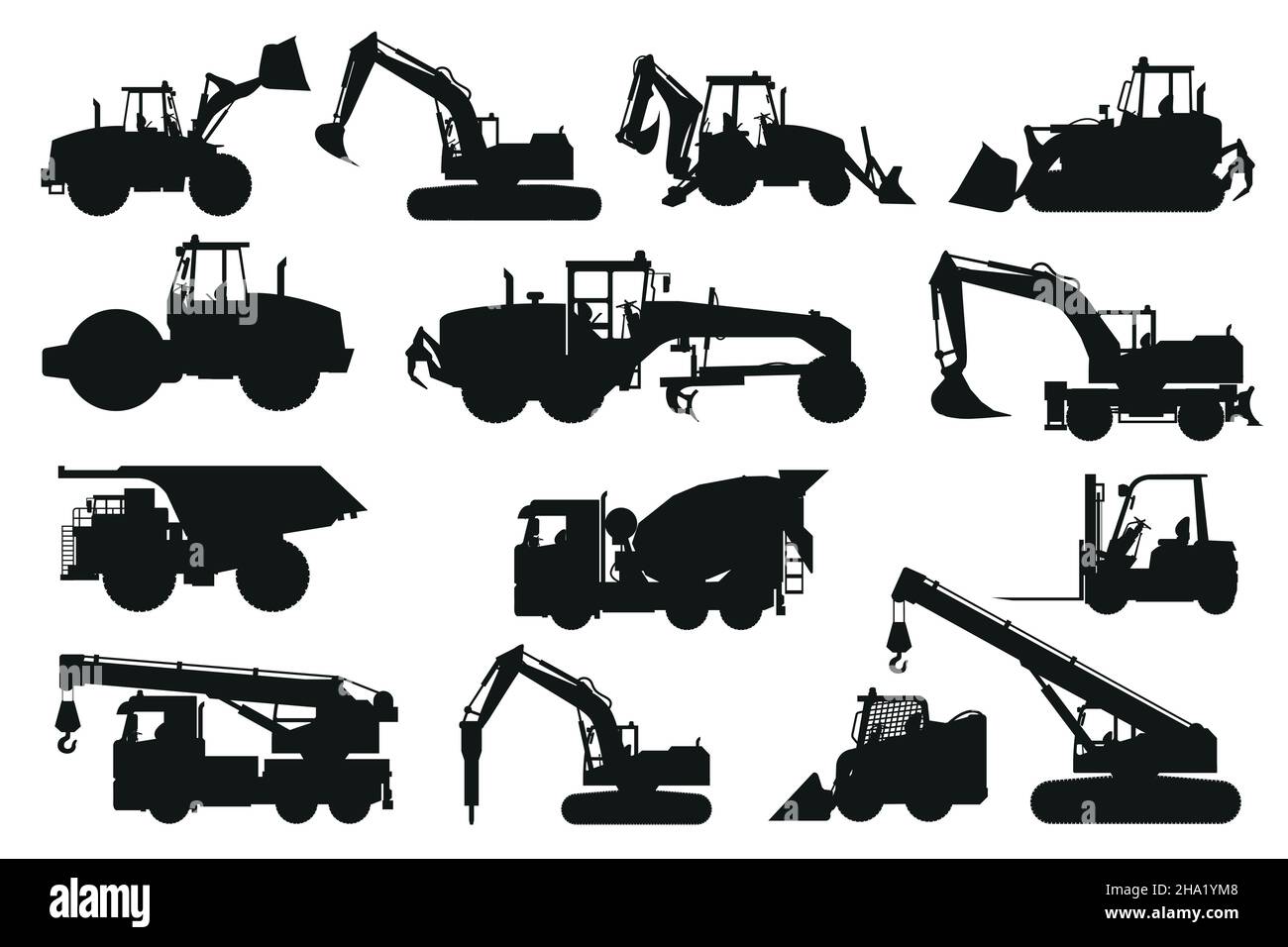 Set di sagome per macchinari pesanti di betoniere, retroescavatore e bulldozer per costruzioni e miniere Illustrazione Vettoriale