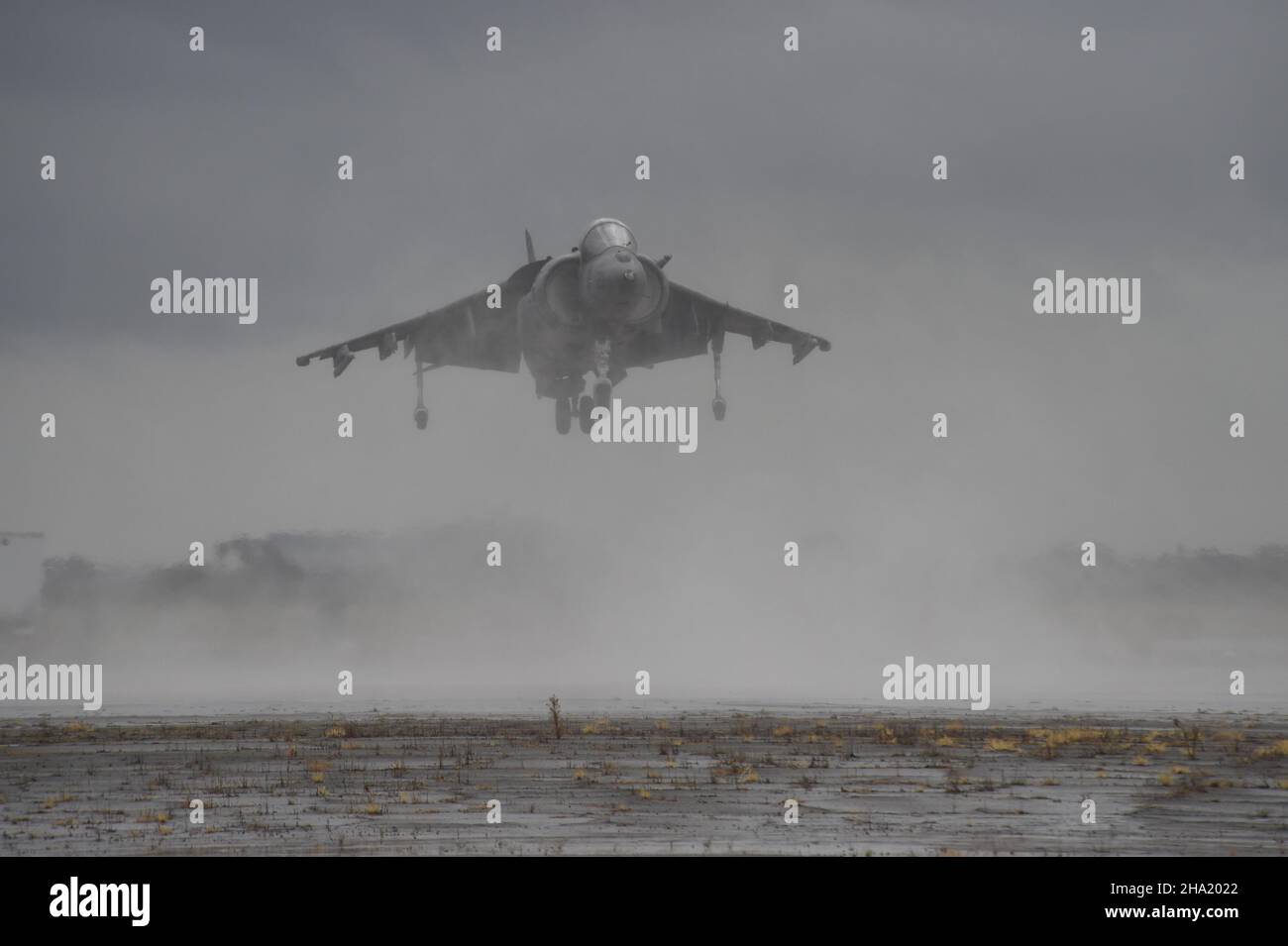 United States Marine Corps AV-8B Harrier II atterraggio nella nebbia (2 del 4) a MCAS Miramar, California. Foto Stock