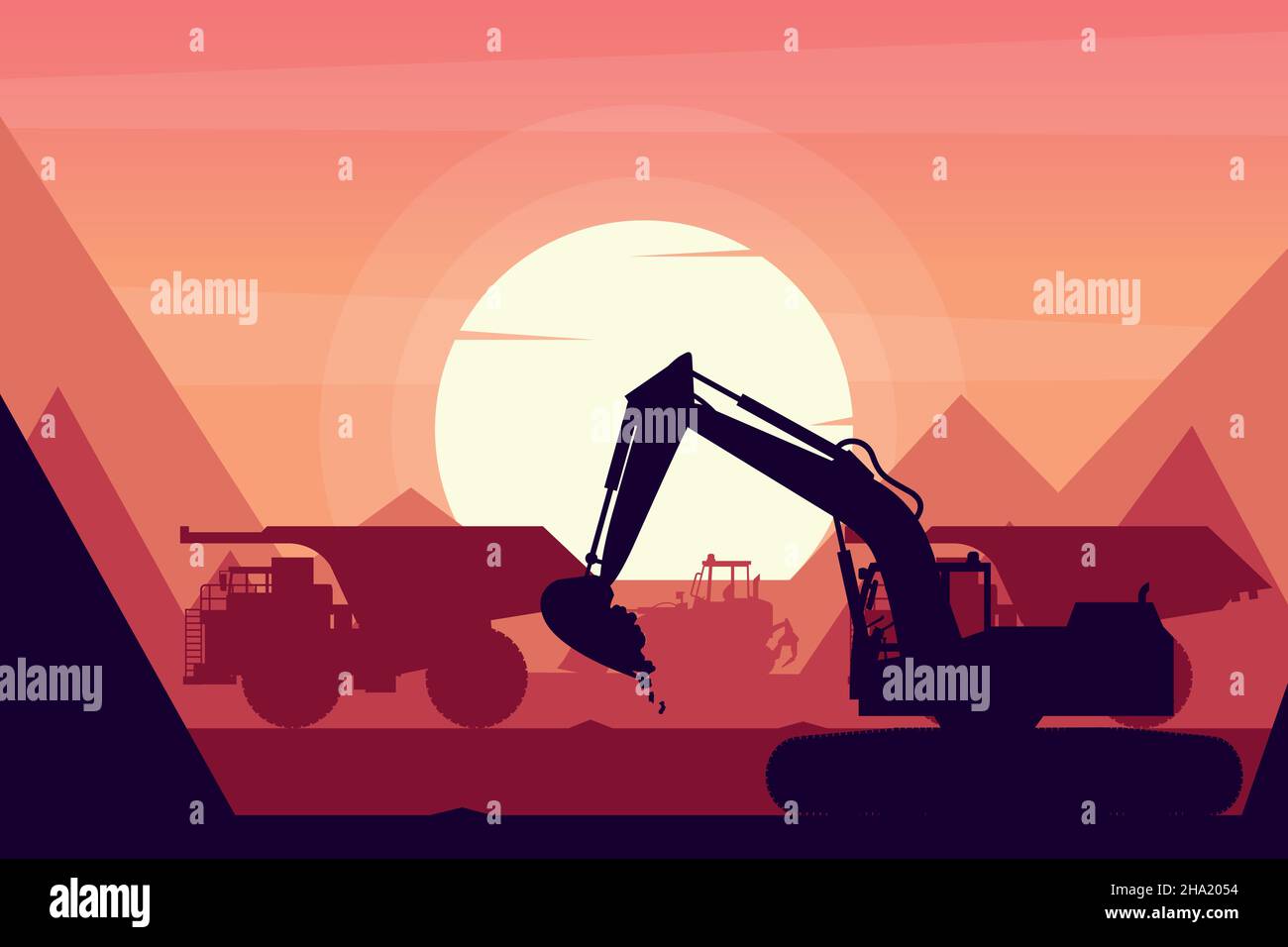 Macchinari pesanti con pala cingolata, dumper da miniera e escavatore in una miniera con sfondo al tramonto Illustrazione Vettoriale
