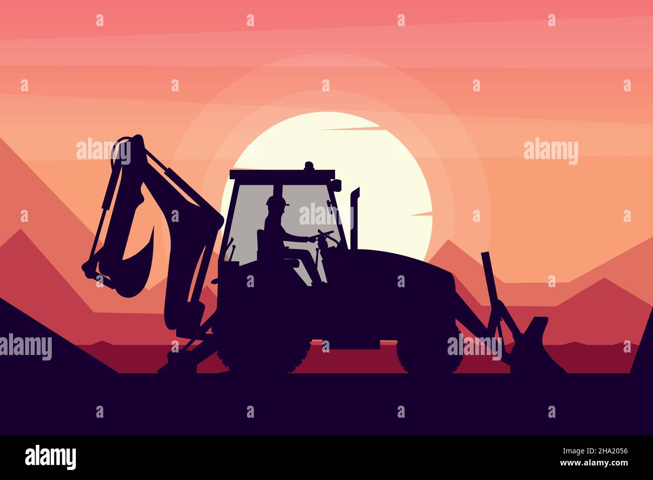 operatore che guida una macchina pesante retroescavatore con un paesaggio tramonto sullo sfondo Illustrazione Vettoriale