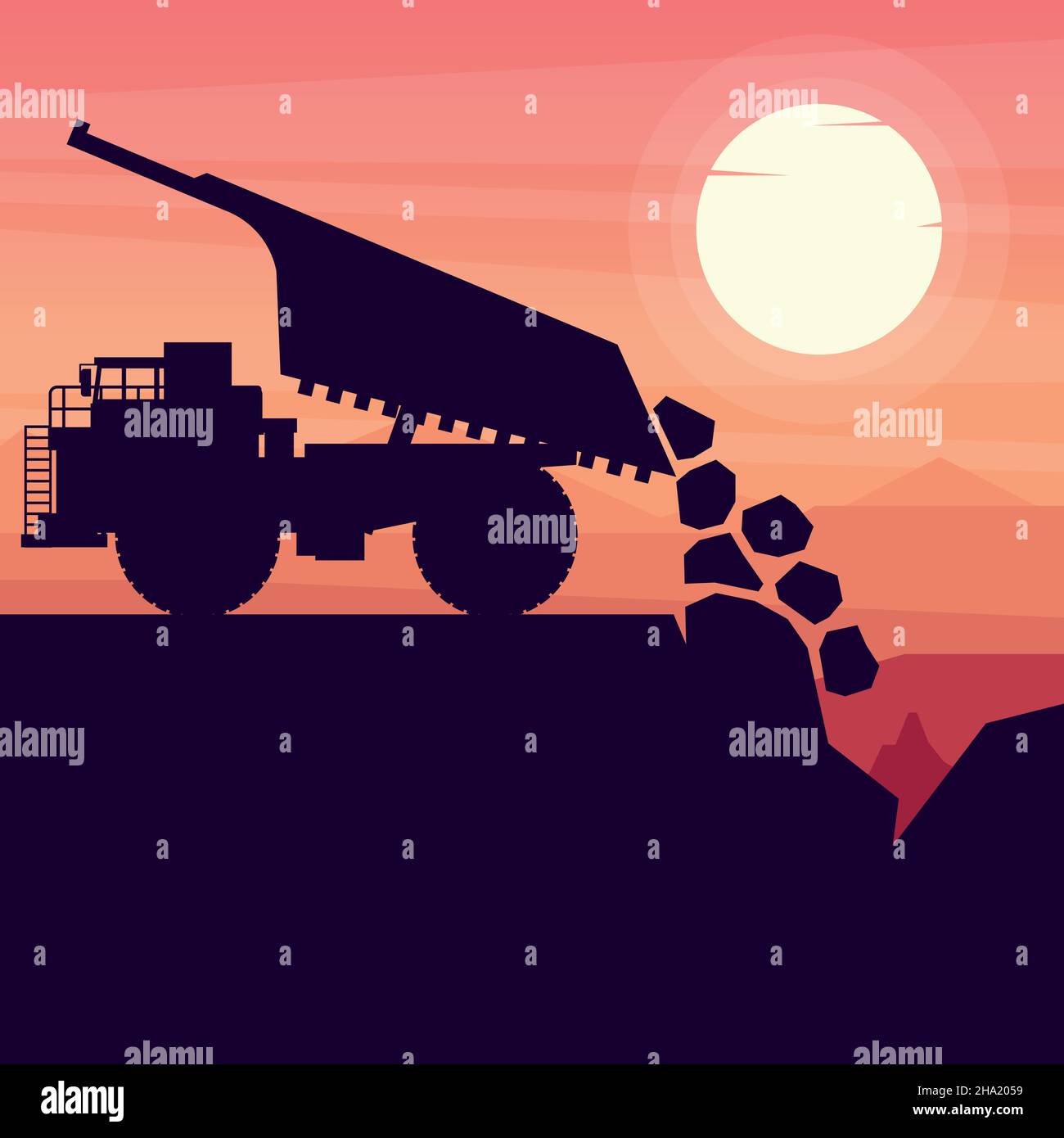 dumper da miniera macchinari pesanti che scaricano i materiali in una miniera con sfondo al tramonto Illustrazione Vettoriale