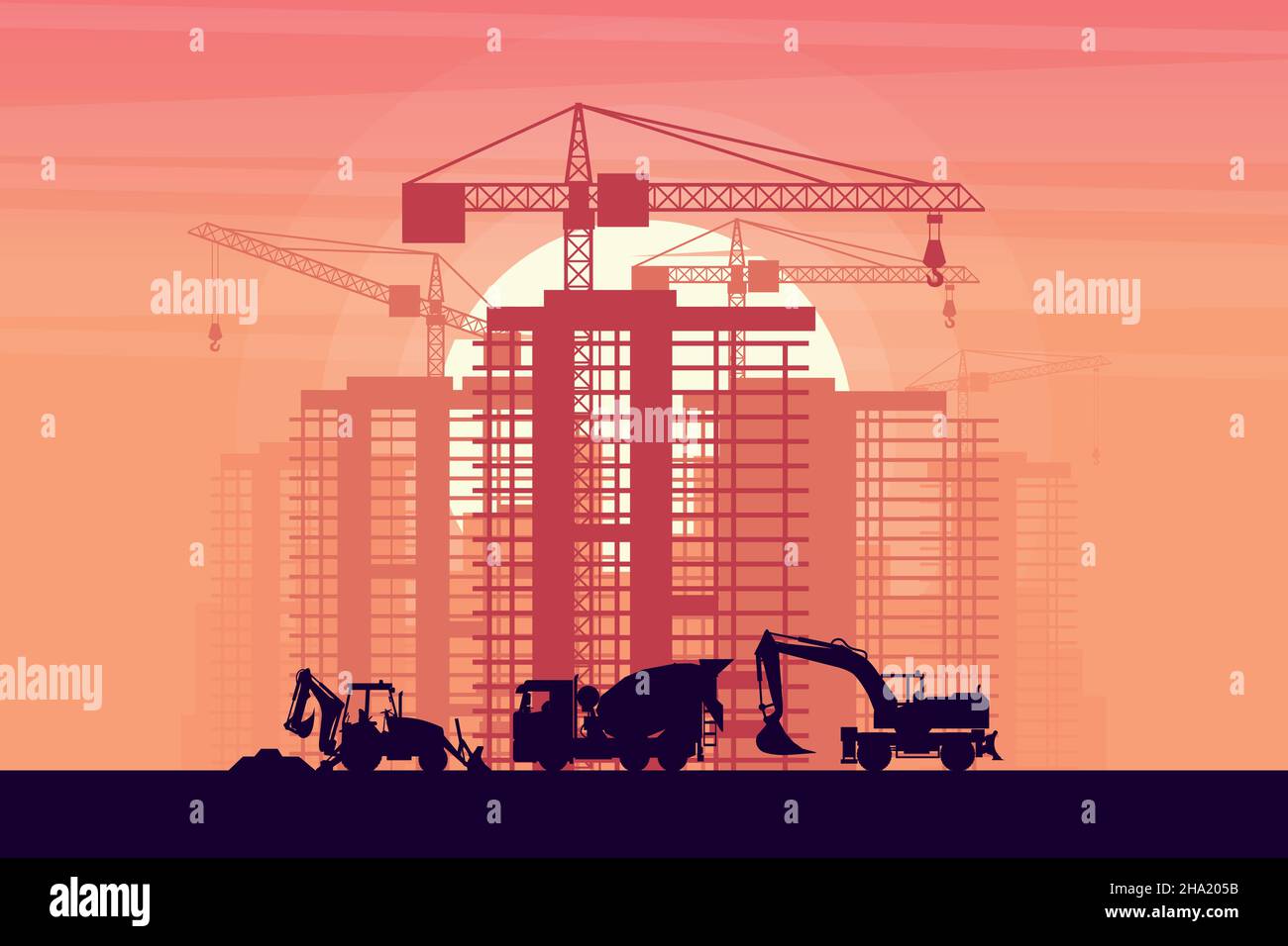 Macchine pesanti di escavatori gommati, retroescavatori e autocarri in cemento con edifici in costruzione e sfondo tramonto Illustrazione Vettoriale