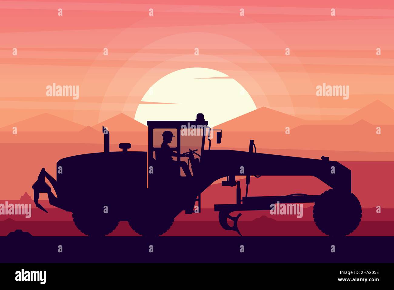 operatore che lavora con macchine pesanti motorgrader su sfondo tramonto Illustrazione Vettoriale