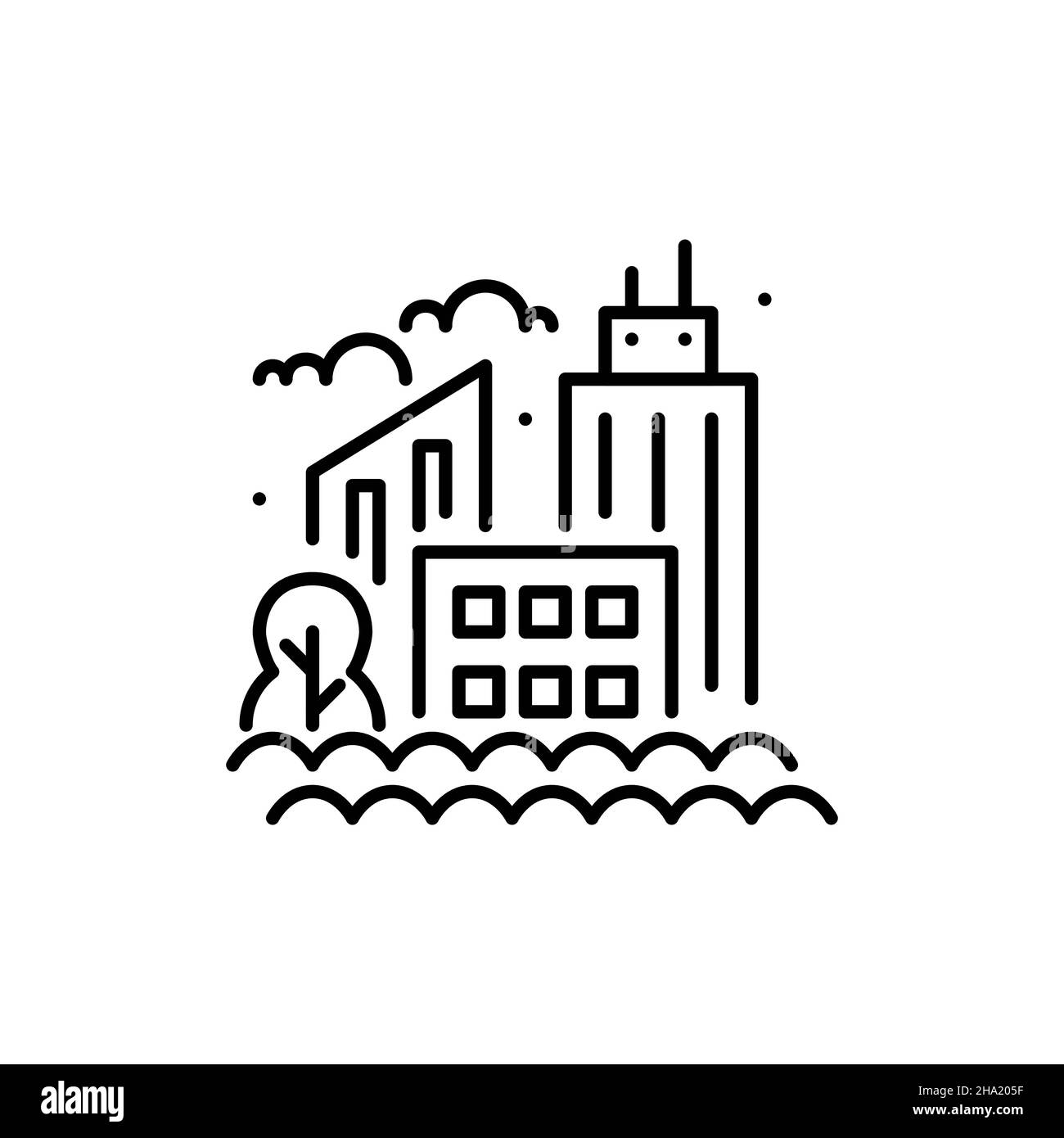Città allagata. Grattacieli e alberi annegati in acqua. Icona tratto modificabile pixel Perfect Illustrazione Vettoriale