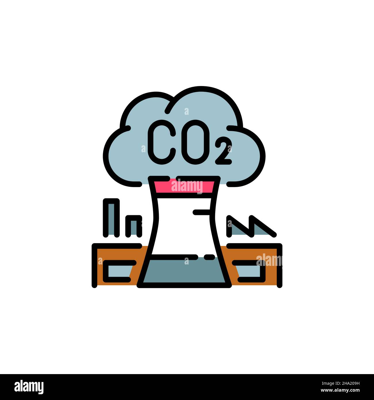 Aria inquinante di fabbrica con CO2. Emissione che provoca il riscaldamento globale. Pixel Perfect, icona a colori con tratto modificabile Illustrazione Vettoriale