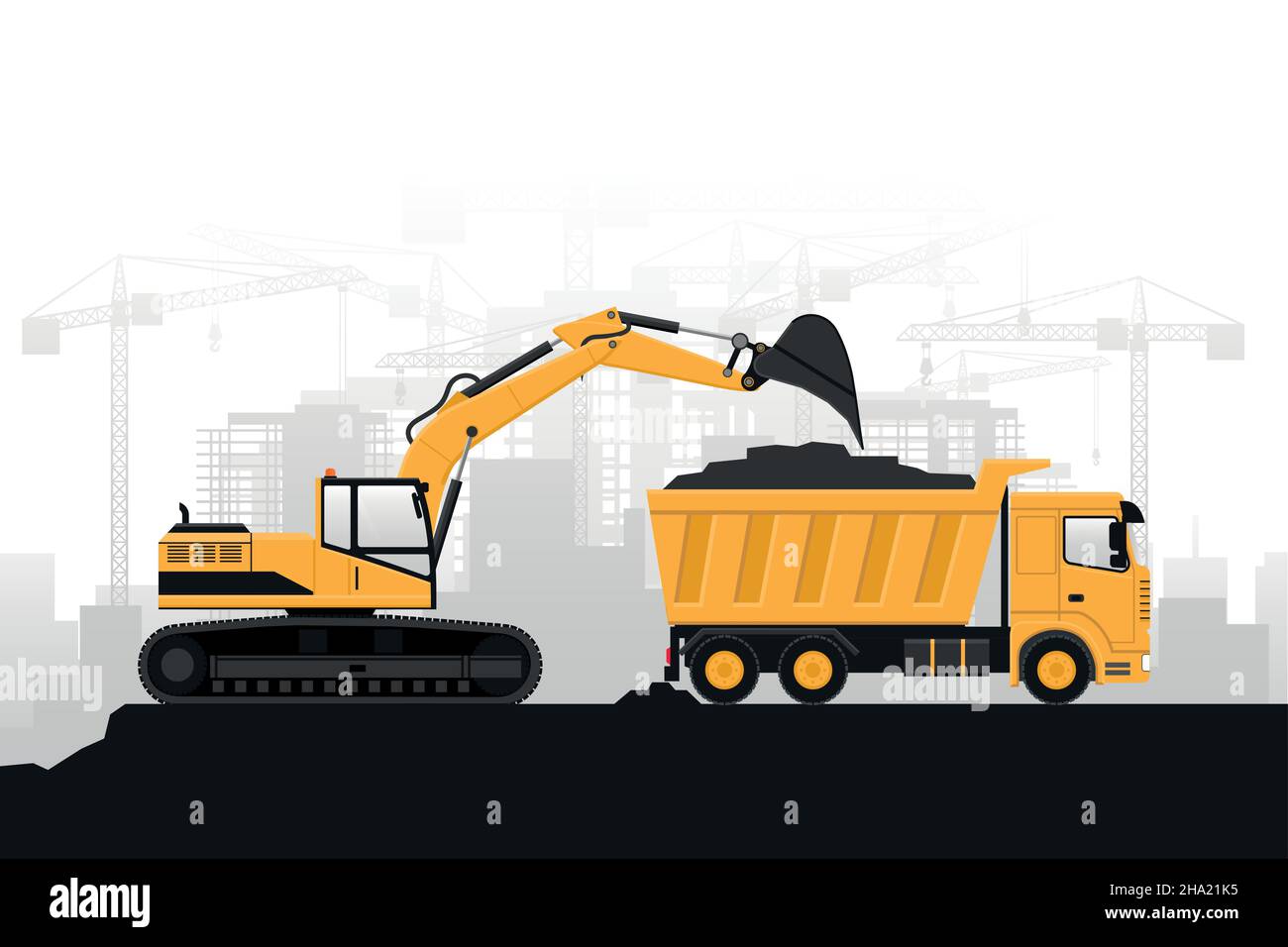 Costruzione di edifici con macchinari pesanti, escavatori gommati che riempiono un camion su sfondo grigio Illustrazione Vettoriale