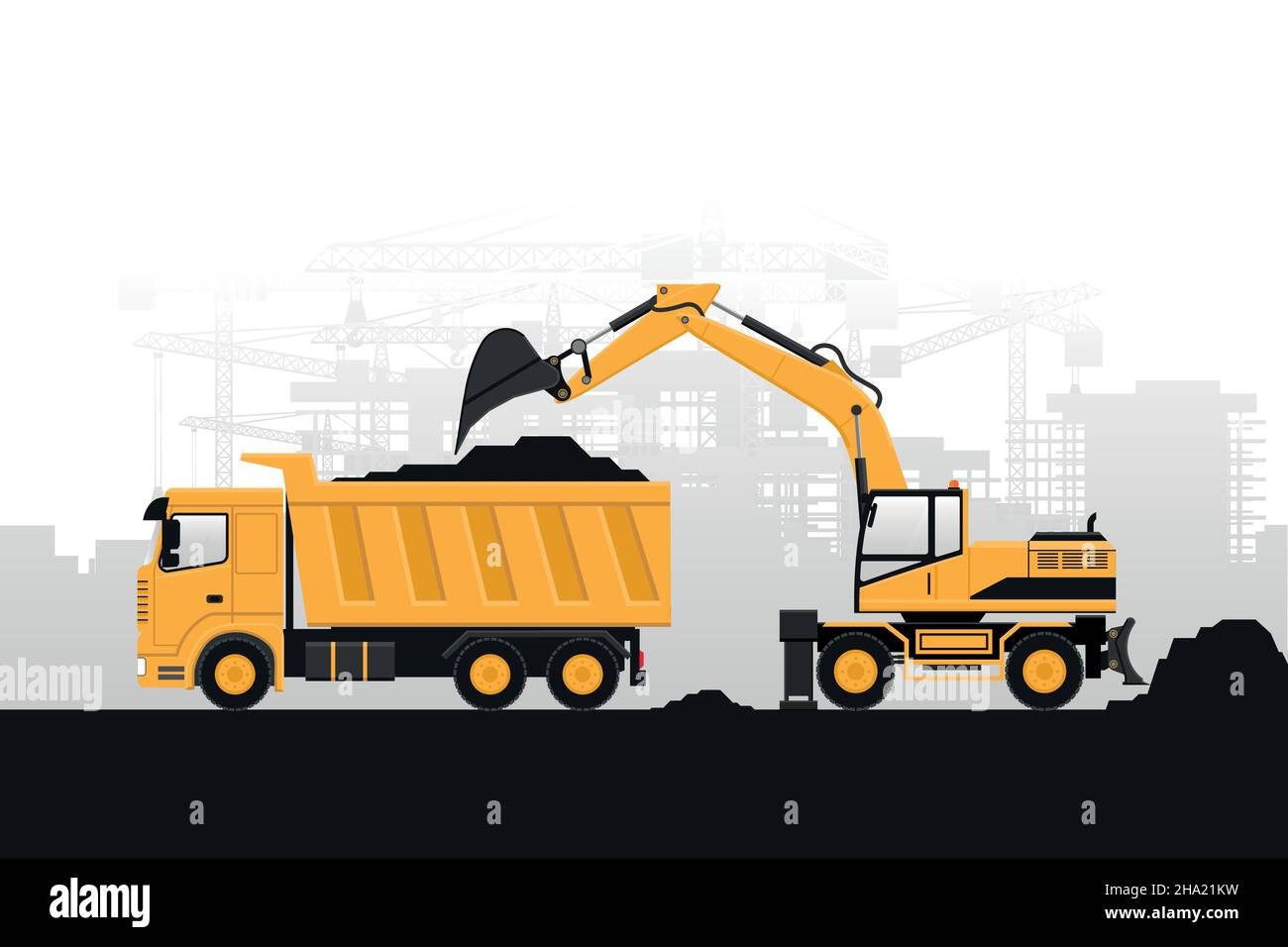 Sfondo di macchinari pesanti di escavatore gommato riempendo con materiali da costruzione un camion su sfondo grigio Illustrazione Vettoriale