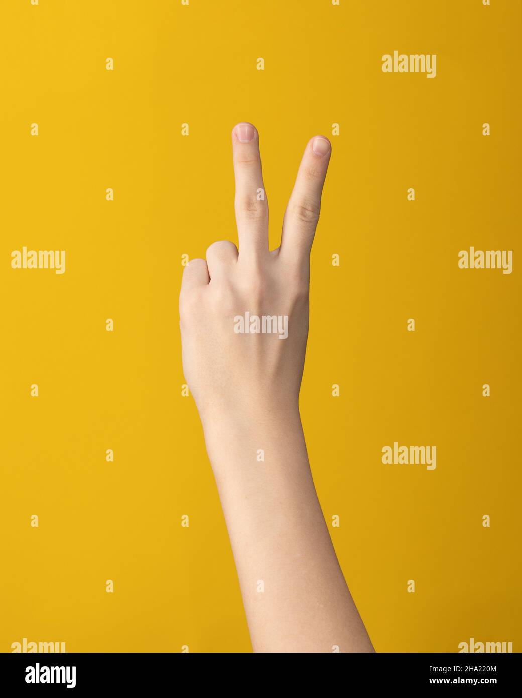 Il gesto della mano femminile mostra l'indice delle due dita e il centro su sfondo giallo isolato Foto Stock