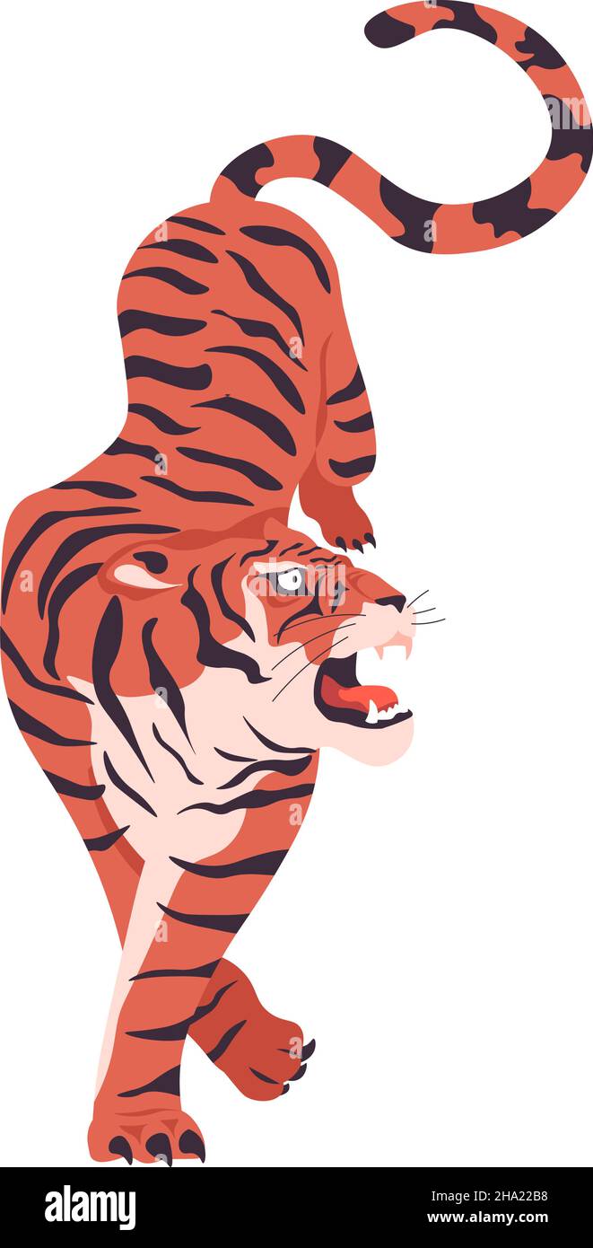 Ruggente tigre animale con coda lunga mammifero esotico Illustrazione Vettoriale