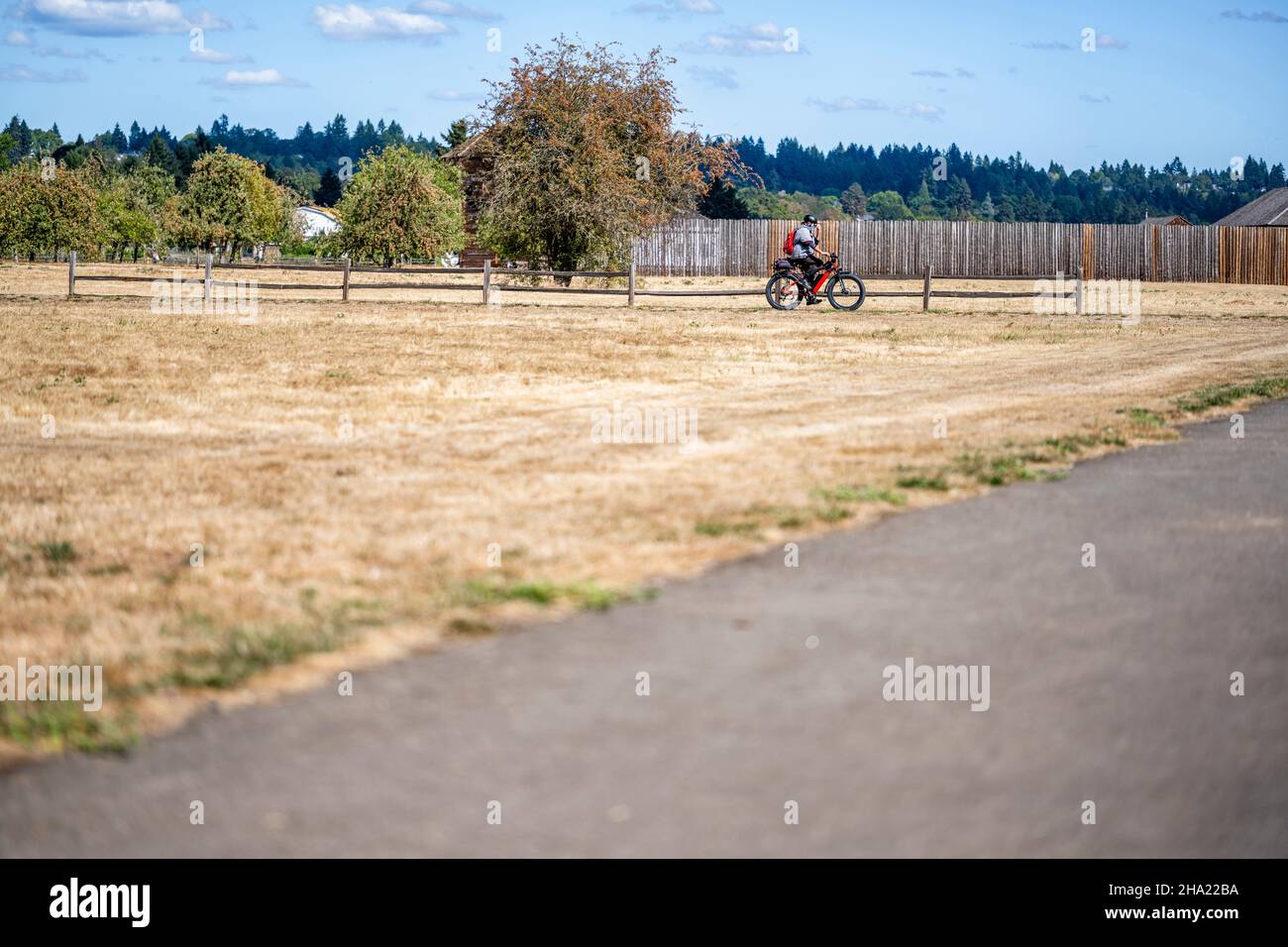 L'uomo guida una bicicletta elettrica ibrida viaggiando sul percorso ciclabile dedicato con una recinzione di legno che preferisce uno stile di vita sano e attivo per essere forte e. Foto Stock