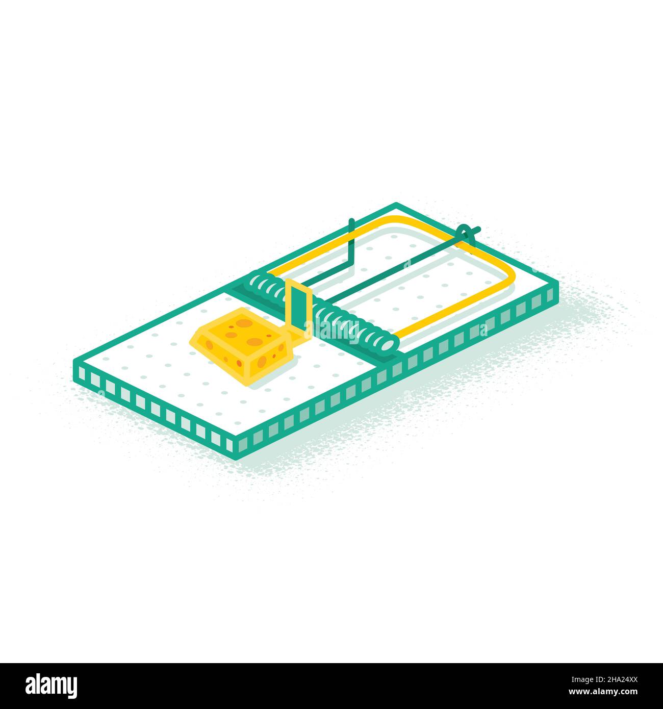 Trappola isometrica per mouse con piccolo pezzo di formaggio. Illustrazione vettoriale. Icona contorno isolato su bianco. Snare vuoto. Illustrazione Vettoriale