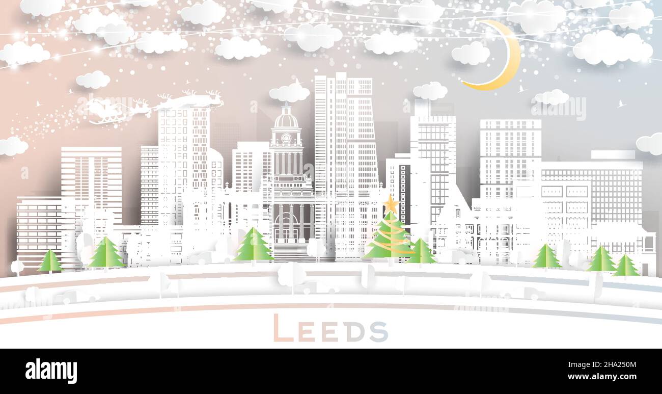 Leeds UK City Skyline in stile Paper Cut con Snowflakes, Moon e Neon Garland. Illustrazione vettoriale. Natale e Capodanno. Illustrazione Vettoriale