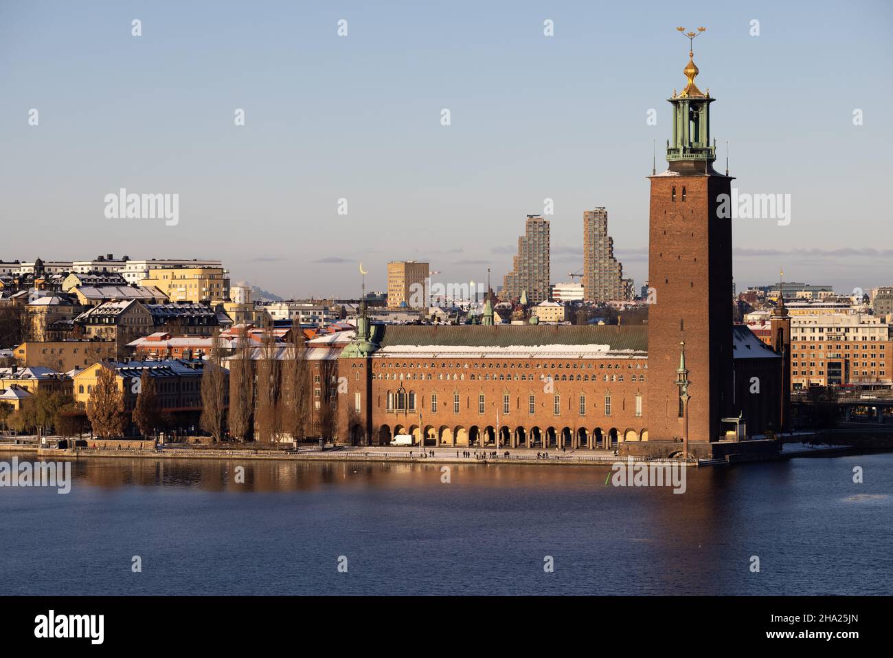 Municipio di Stoccolma, comune di Stoccolma sull'isola di Kungsholmen con barca turistica di fronte. Fotografato dalla collina. Foto Stock