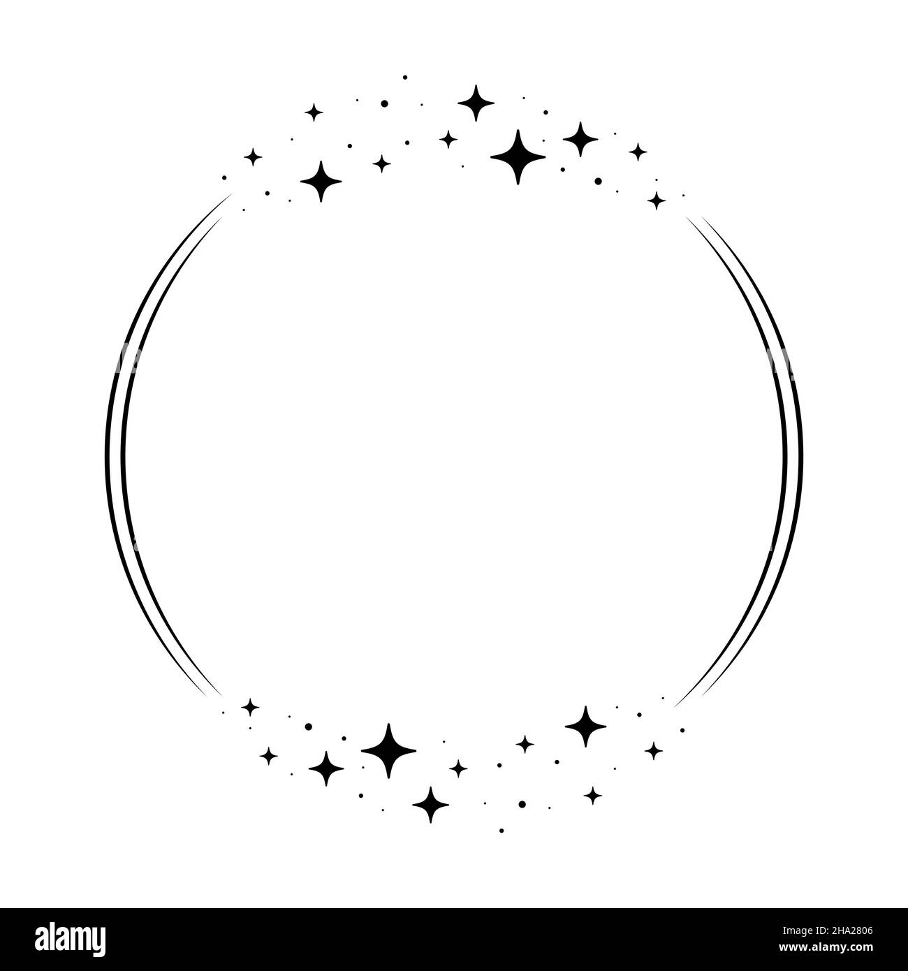Cornice a stella scintillante. Corona rotonda Stardust bordo per festa, design arredamento compleanno. Telaio Laurel con brillantezza cosmica. Illustrazione del vettore piatto nero isolato. Illustrazione Vettoriale