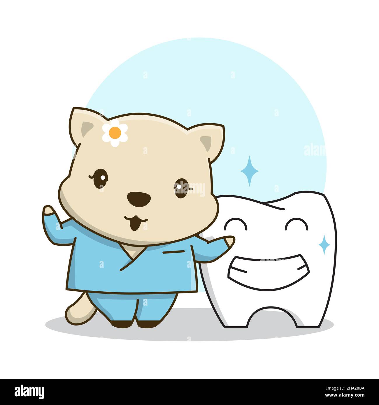 Cute Little Doctor dentista gatto pulito dentino Cartoon amichevole Dental Care Illustrazione Vettoriale