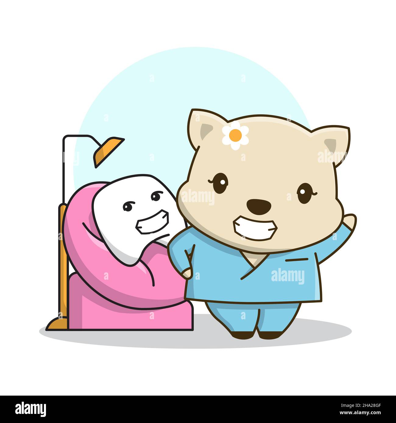 Cute Little Doctor dentista Cat paziente Cartoon amichevole Dental Care Illustrazione Vettoriale