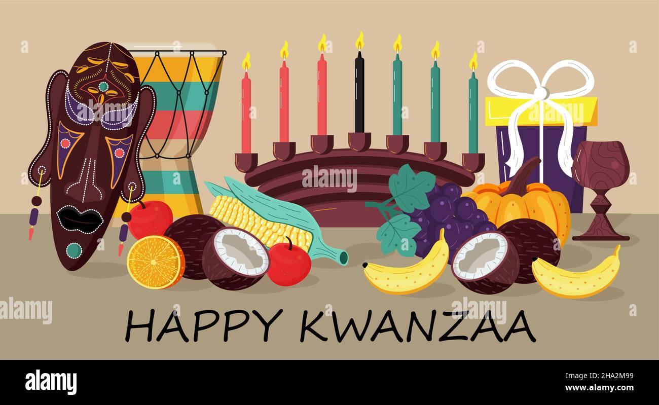 Happy kwanzaa vettore di invito per il web, carta, social media. Happy kwanza celebrato dal 26 dicembre al 1 gennaio. Sette candele accese. Frutta, pum Illustrazione Vettoriale