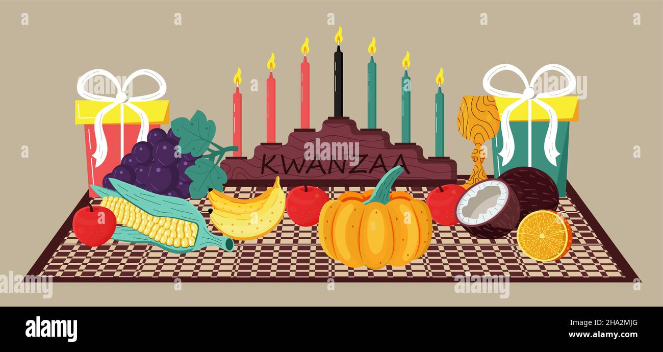 Happy kwanzaa vettore di invito per il web, carta, social media. Happy kwanza celebrato dal 26 dicembre al 1 gennaio. Sette candele accese. Frutta, pum Illustrazione Vettoriale