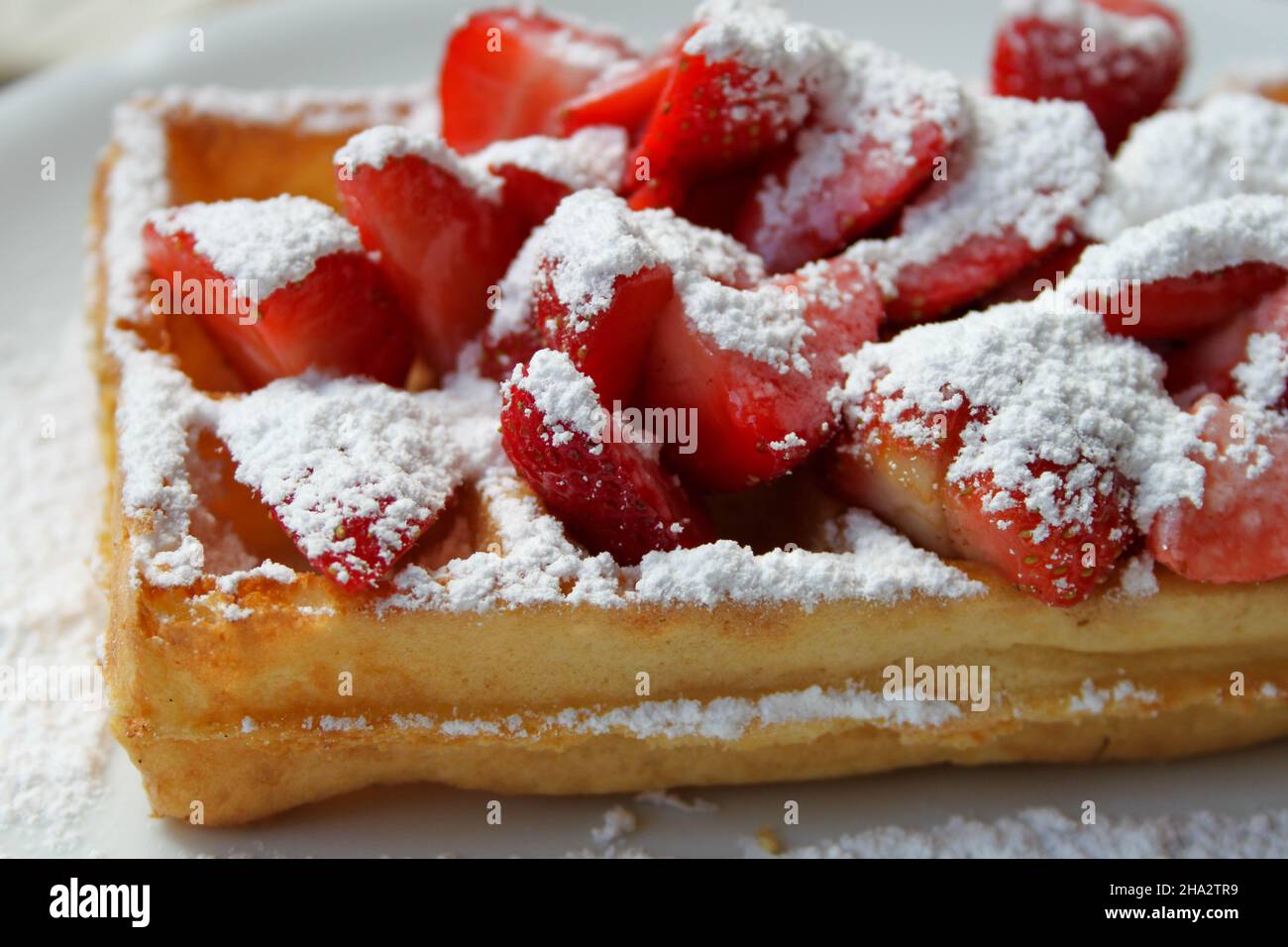 Waffle belgi con fragole e zucchero a velo Foto Stock