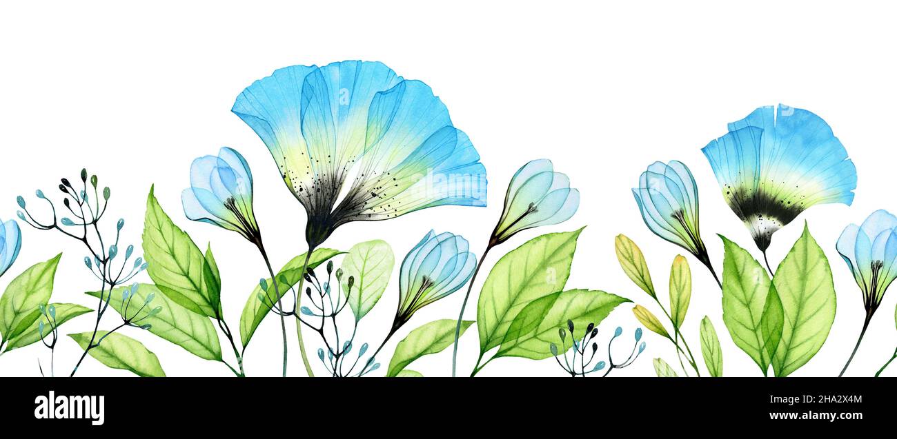 Bordo senza cuciture floreali. Fiori astratti acquerelli e foglie verdi fresche in linea orizzontale. Illustrazione disegnata a mano botanica per matrimonio primaverile Foto Stock