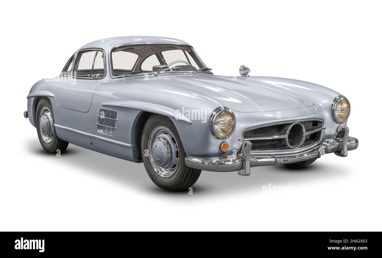 Vettura storica coupé color argento con dorso bianco e ombra Foto Stock