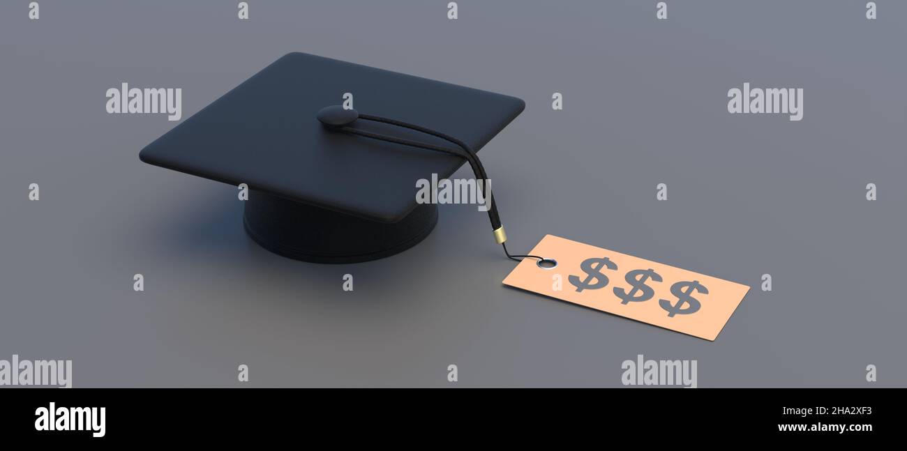 Costo delle lezioni universitarie, prestito studentesco, borsa di studio. Cappello universitario laureato con prezzo tag, US dollari segno, sfondo grigio. Budget per l'istruzione negli Stati Uniti. 3d Foto Stock