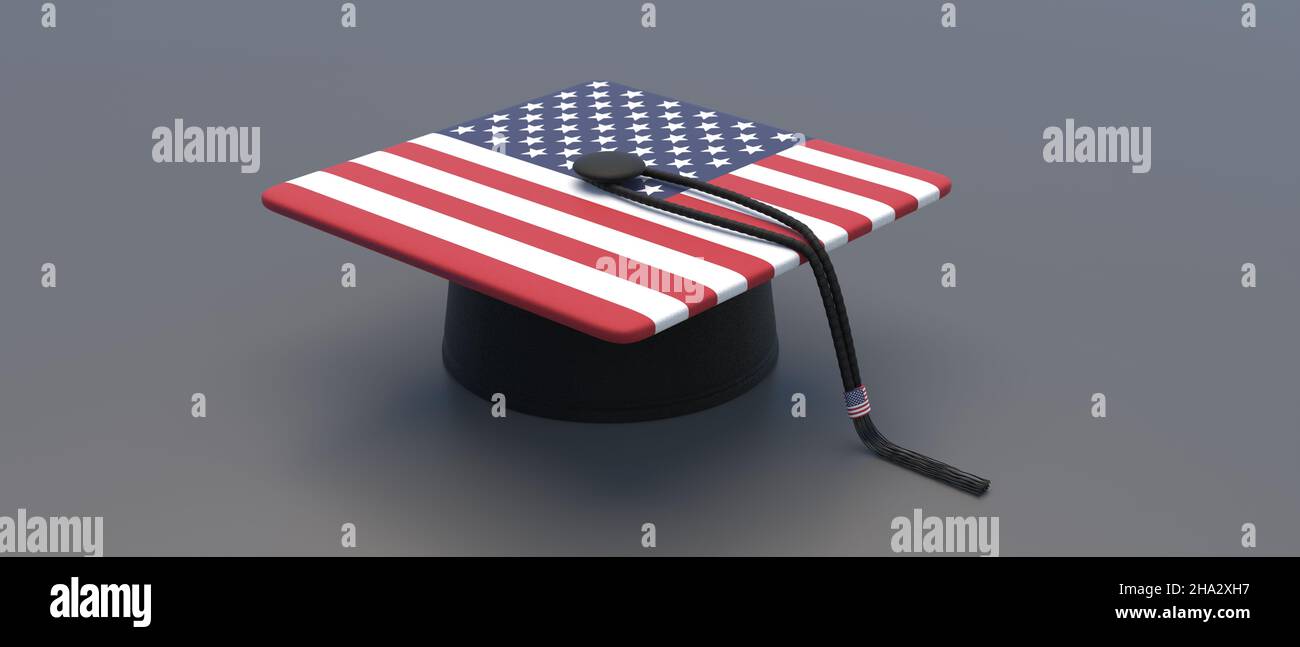 American College, cappello universitario con tassel su sfondo nero. Tetto per laureati con bandiera degli Stati Uniti. Istruzione e studi negli Stati Uniti. 3d illustrazione Foto Stock