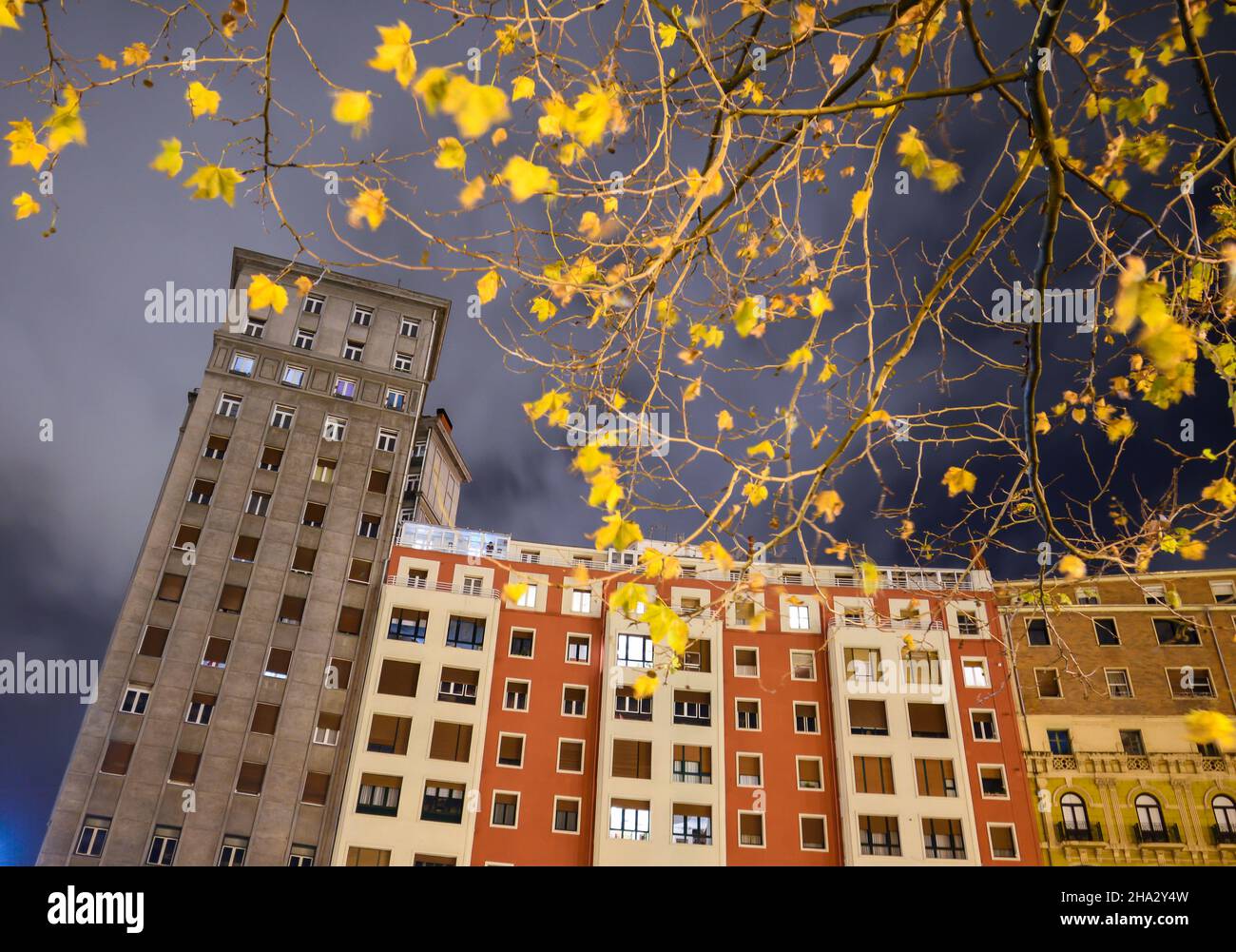 Edifici lungo l'estuario di Bilbao con foglie d'autunno al crepuscolo Foto Stock
