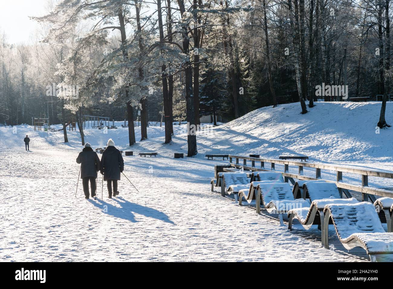 Due donne anziane che camminano con bastoncini da nordic walking in una giornata invernale soleggiata Foto Stock