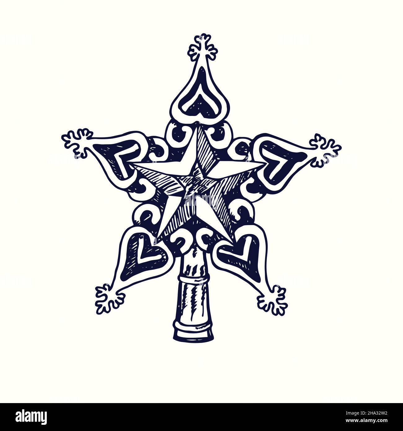 Topper a forma di stella per l'albero di Natale. Disegno in bianco e nero in legno. Foto Stock