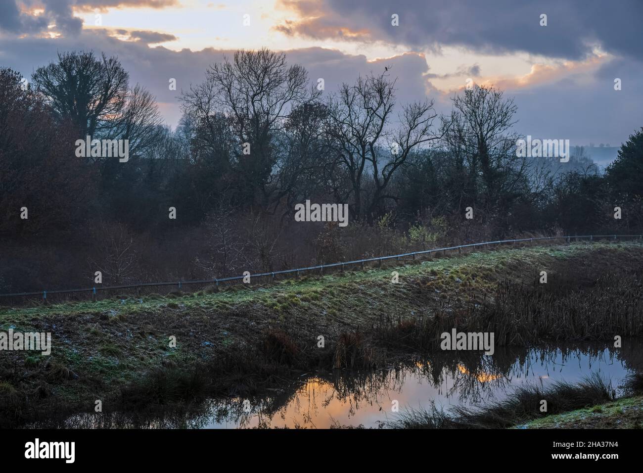 Tramonto su un laghetto di gestione delle acque piovane accanto ad un nuovo sviluppo abitativo, Oaklands Park, Ashbourne, Derbyshire Foto Stock