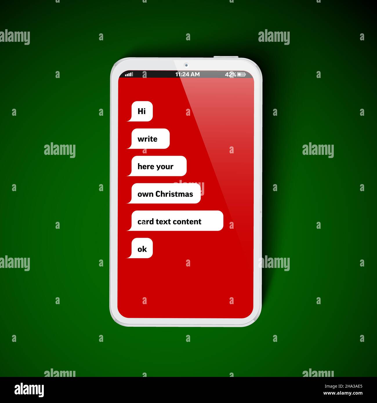 Divertente biglietto di Natale adolescente con albero di Natale fatto da diverse bolle di messaggio sullo smartphone - chat comunicazione di conversazione Illustrazione Vettoriale
