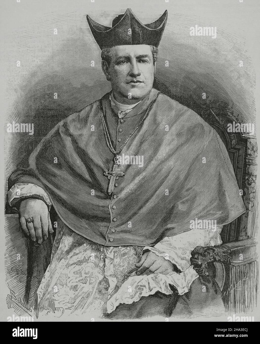 Inocencio María Yéregui (1833-1890). Sacerdote e vescovo cattolico uruguaiano. Il 22 novembre 1881 fu nominato vescovo di Montevideo. Verticale. Illustrazione di Badillo. Incisione di Arturo Carretero. La Ilustración Española y americana, 1882. Foto Stock
