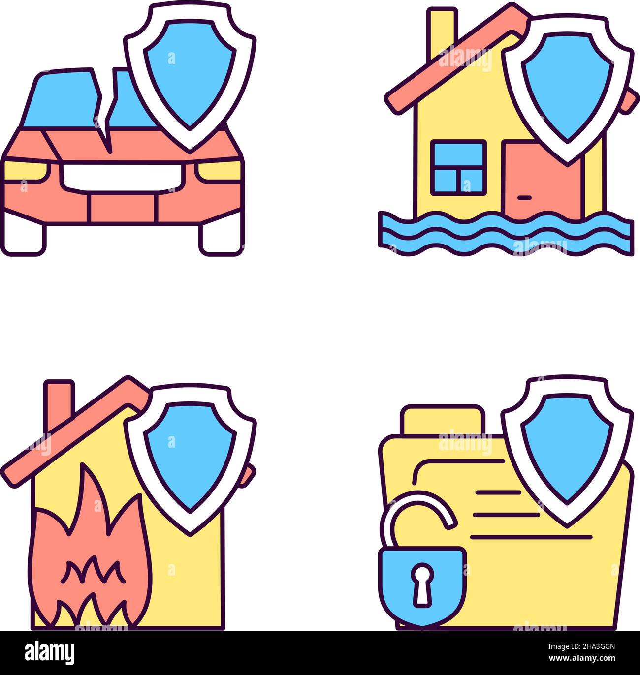 Polizza assicurativa protezione RGB icone a colori impostate Illustrazione Vettoriale