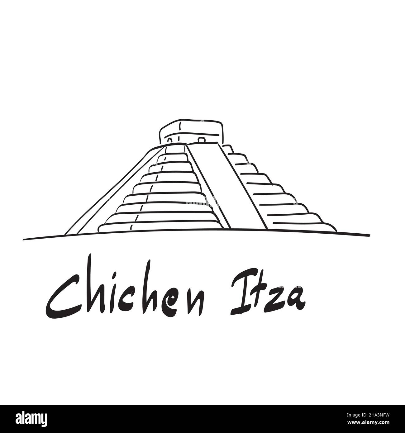 El Castillo di Chichen Itza mayan piramide in Yucatan illustrazione vettore disegnato a mano isolato su sfondo bianco art. Illustrazione Vettoriale