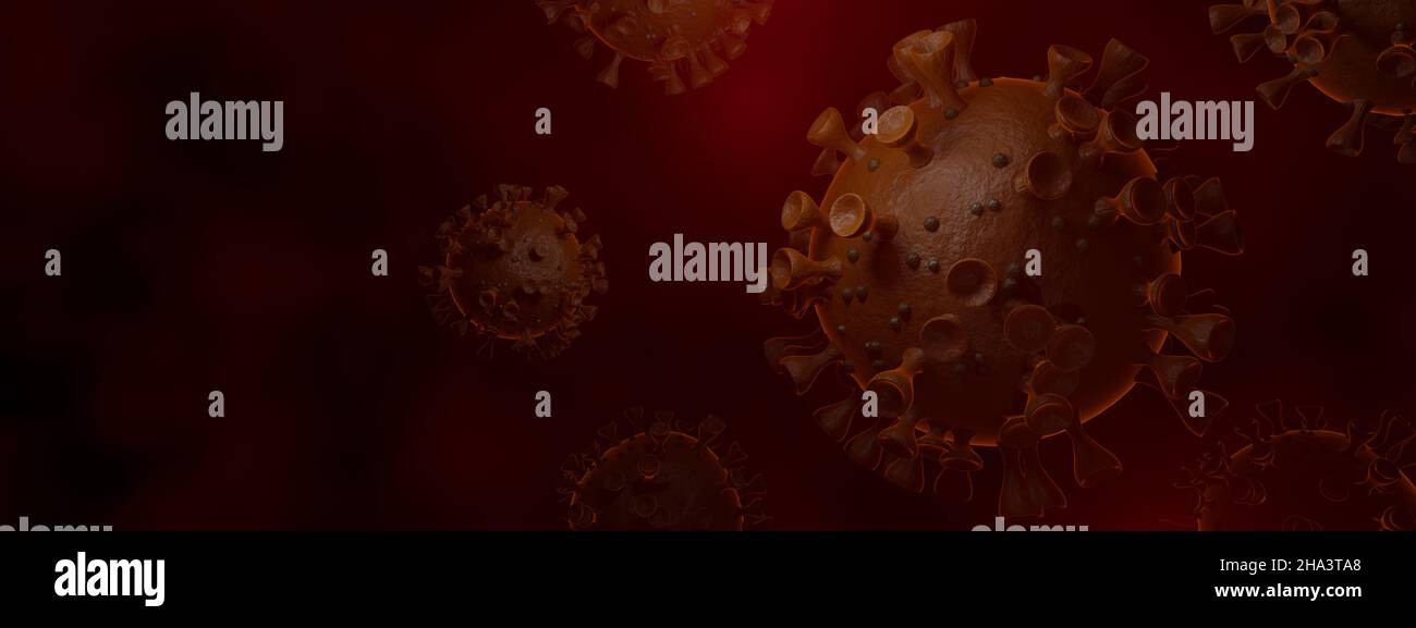 Poster variante Omicron o Delta COVID-19, concetto di pandemia, banner panoramico con illustrazione coronavirus 3D Foto Stock