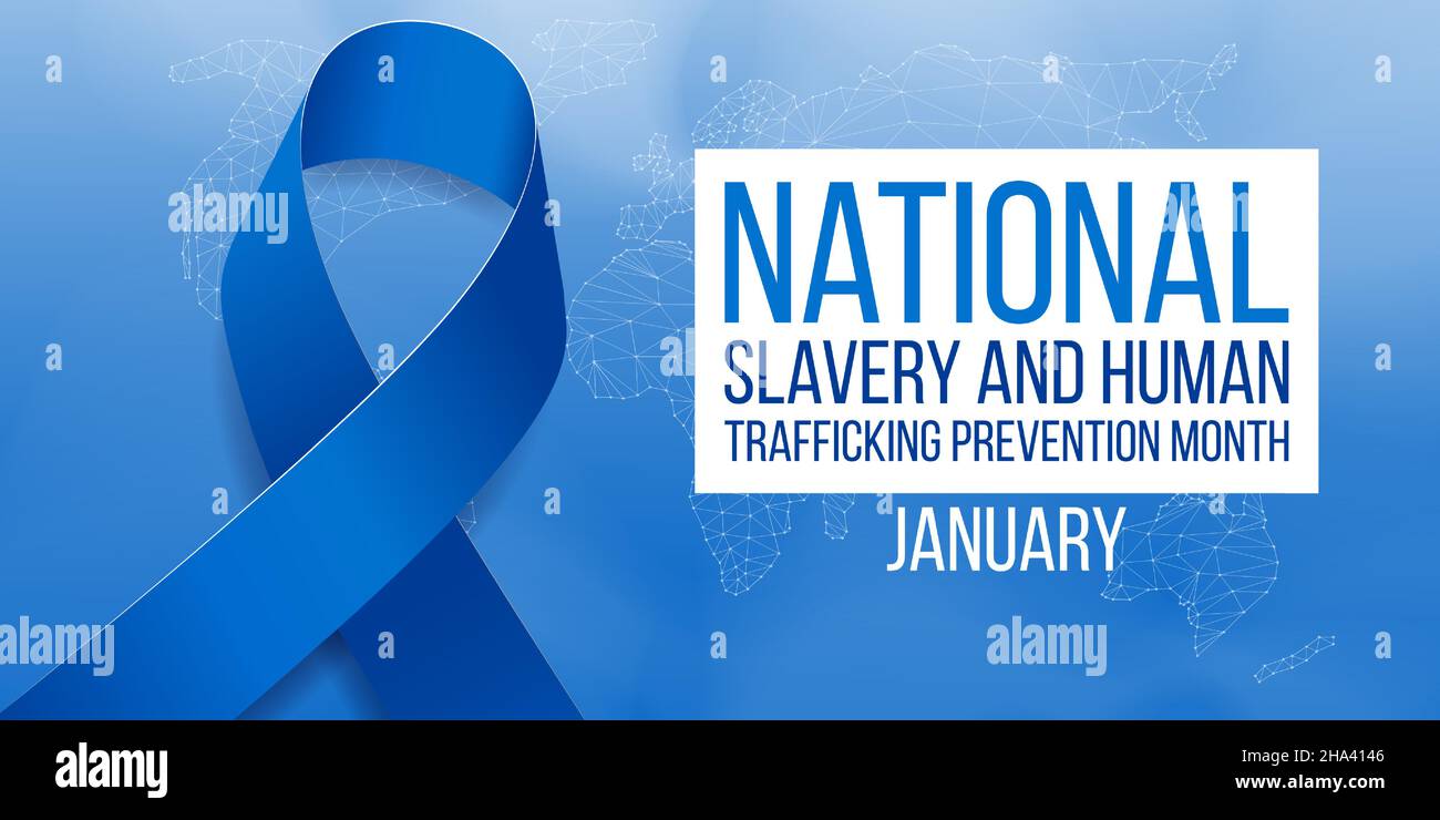 Concetto di mese per la prevenzione della schiavitù nazionale e della tratta di esseri umani. Banner con nastro blu e testo. Illustrazione vettoriale. Illustrazione Vettoriale