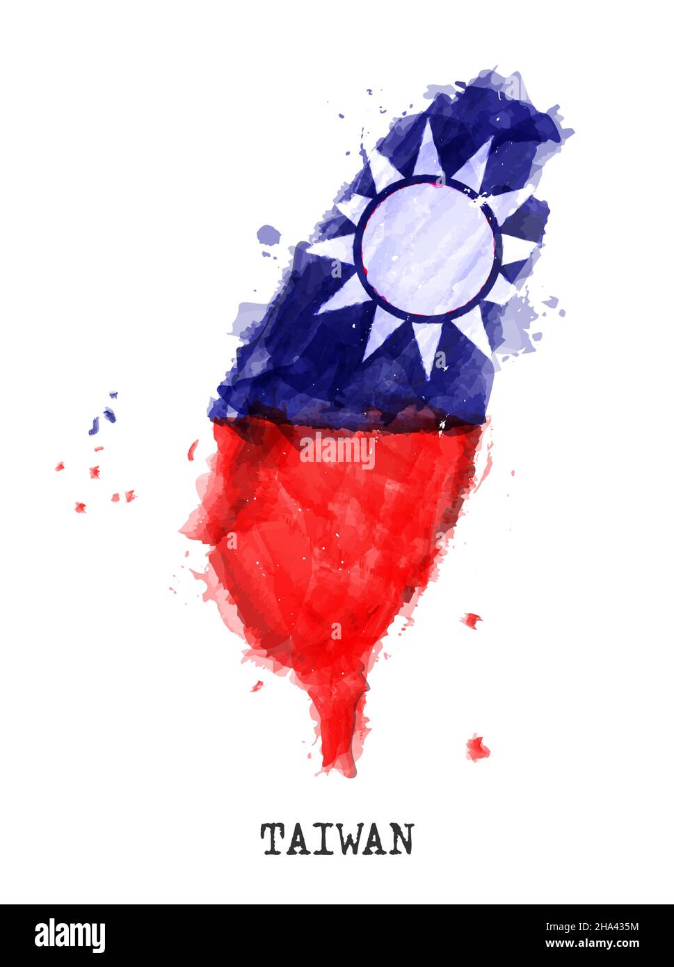 Isole Taiwan bandiera e mappa acquerello disegno . Forma realistica del paese di disegno . Sfondo bianco isolato . Vettore . Illustrazione Vettoriale