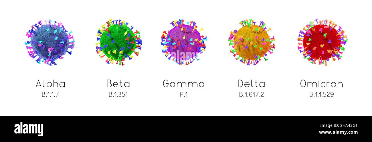 SARS-cov-2 Covid-19 Coronavirus varianti: Alfa, beta, gamma, delta, omicron - 3D illustrazione Foto Stock