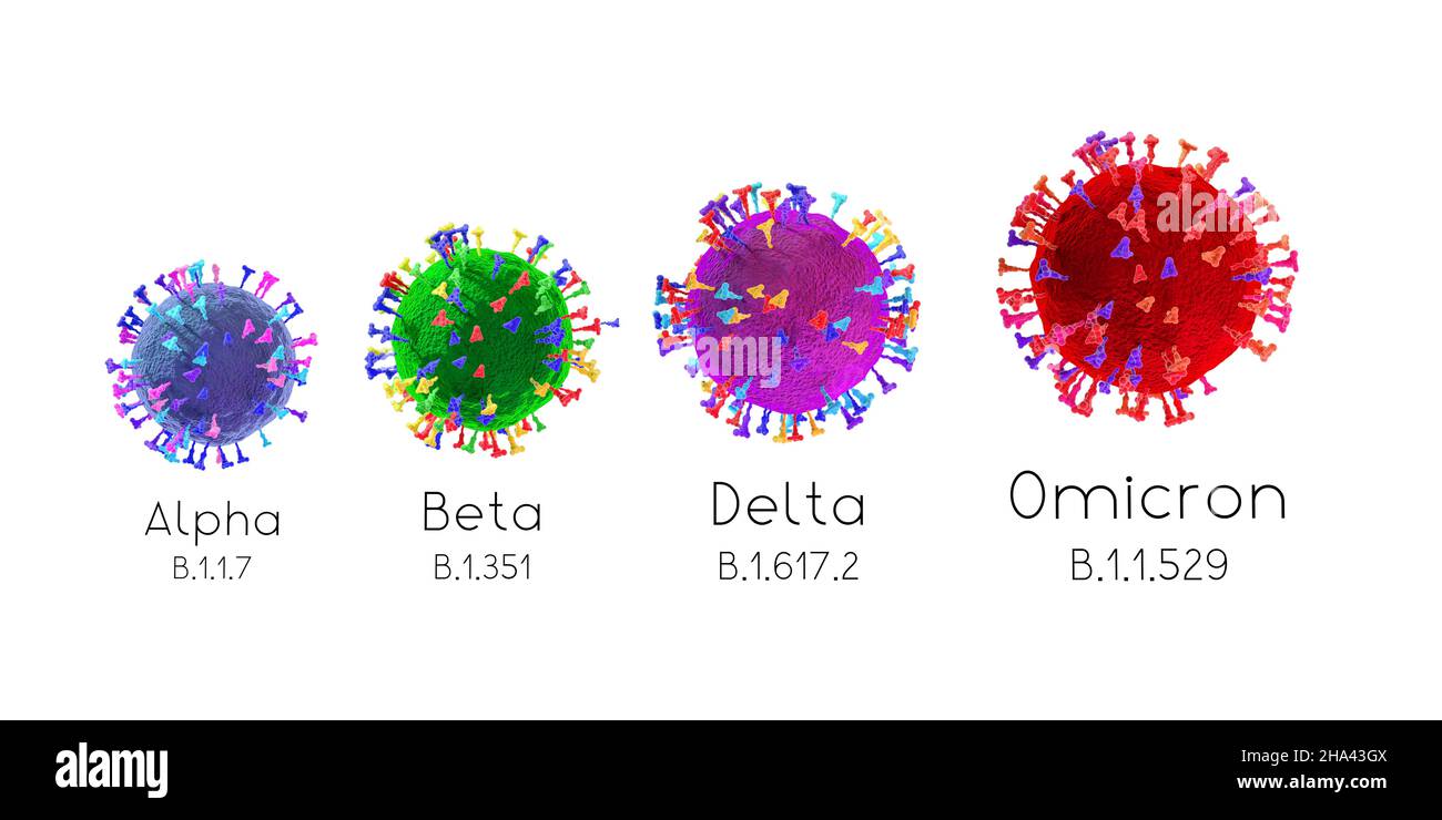 SARS-cov-2 Covid-19 Coronavirus varianti: Alfa, beta, delta, omicron - 3D illustrazione Foto Stock
