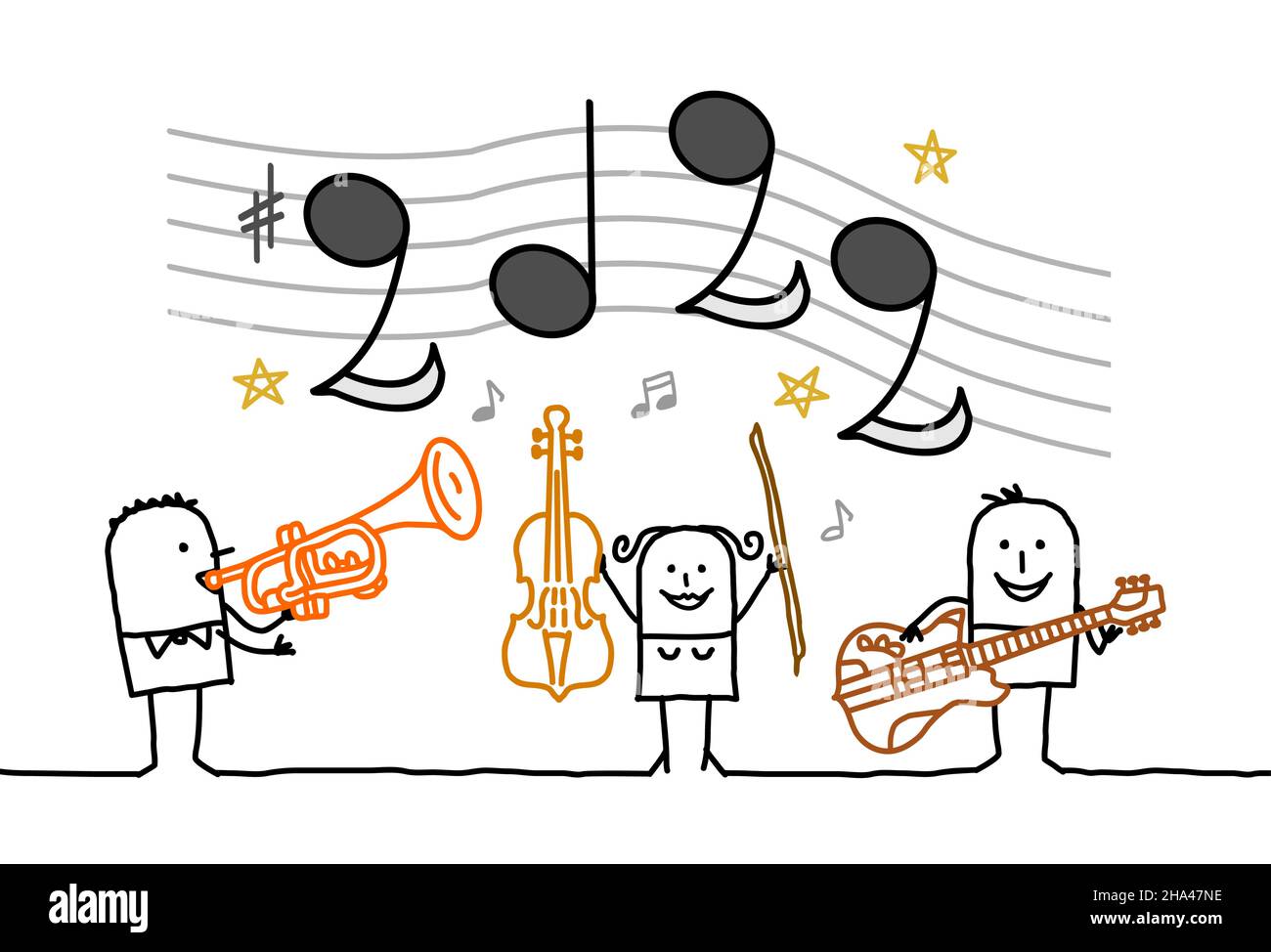 Musicisti Cartoon disegnati a mano che suonano 2022 Note Illustrazione Vettoriale