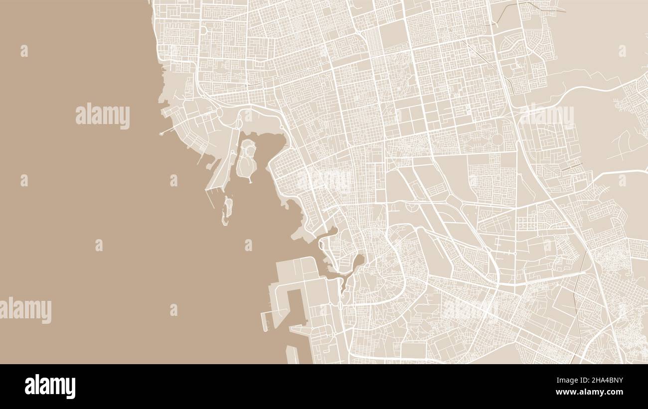 Carta di sfondo vettoriale gialla della zona di Jeddah City, illustrazione cartografica delle strade e dell'acqua. Streetmap digitale con proporzioni widescreen e design piatto. Illustrazione Vettoriale