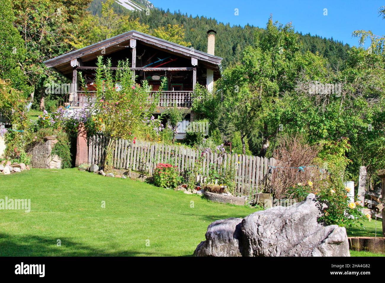 casa,austria,tirolo,montagna kaiser,vicino scheffau,wegscheid,natura,alpi,montagne,montagne,regione alpina,prato,foresta,verde,destinazione,regione di vacanza,paradiso,giardino blu,recinzione, Foto Stock