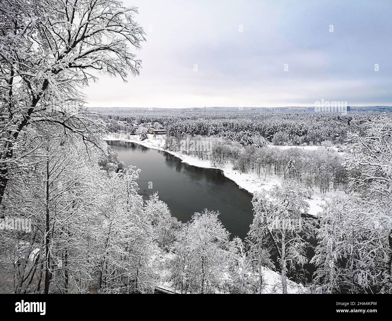 Paesaggio invernale: Un fiume tra la foresta innevata Foto Stock